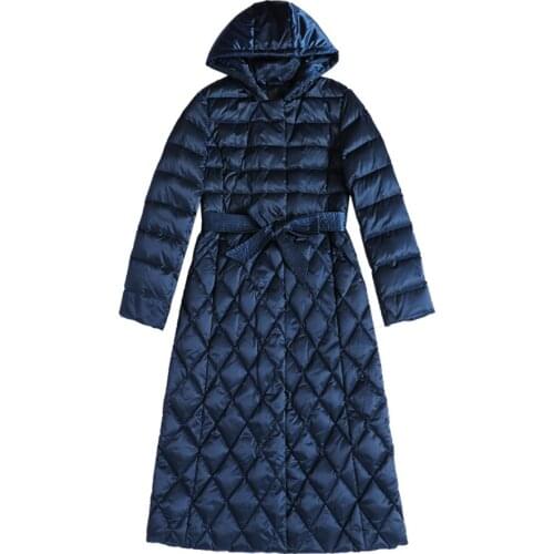 Female Long White Duck Down Jacket Women Hooded Jackets Blue Color Thick Warm Waist Outwear Ladies Winter Coats Down Overcoats