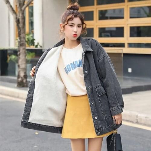 Winter Thicken Warm Black Denim Jackets Women Korean Fashion Lapel Cotton Jean Coat Basic Loose Big Pockets Harajuku Outerwear