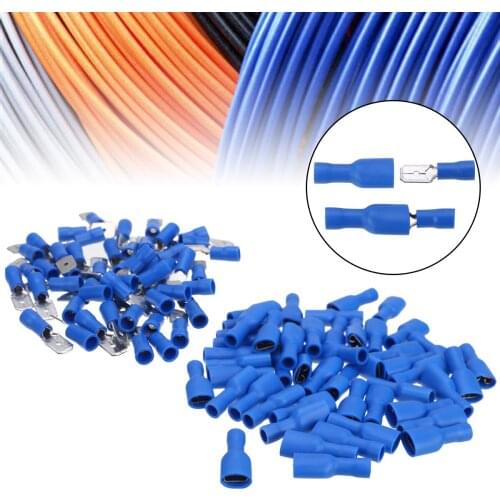 100pcs 50pair Blue Insulated Female/Male Spade Crimp Terminal Connector for Audio Wire 1.5mm - 2.5mm 16-14 AWG Cable