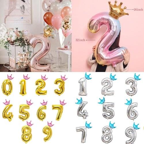 2pcs Big Size 32inch Gold Digital Silver Number Foil Balloons Adult Kids Birthday Party Wedding Decorations Baby Shower Crown