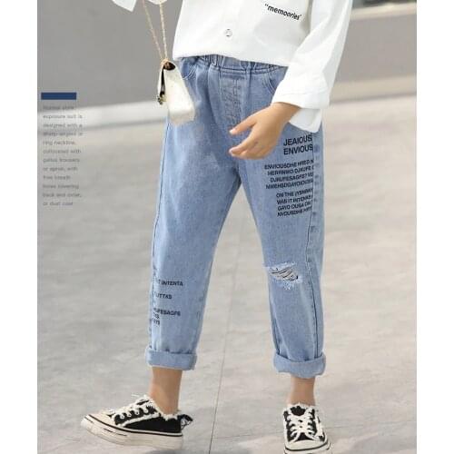 2021 Pencil pants new all-match jeans girls' trousers girls' jeans casual all-match trousers hole design 4-12 years old