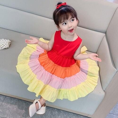 2021 Girls Cute Dress Baby Girl O-neck Rainbow Gradually Dresses 3-8Y Kids Sleeveless Ruffled Princess Dress Children Clothing