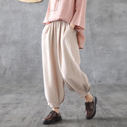 2021 Spring Summer New Casual Style Cotton Linen Pants Women Elastic Waist Solid Basic Retro Loose Womens Harem Pants Trousers