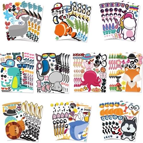 40 Sheets DIY Stickers Children Puzzle Games Make A Face Animals Dinosaur Dogs Assemble Toys for Kids Training Education Toy