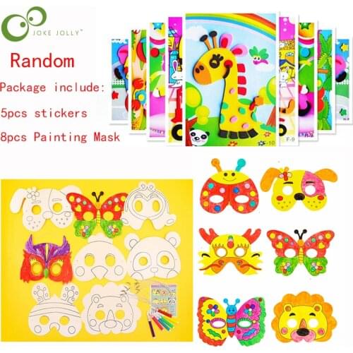 8Pcs Cartoon Animal Painting Mask And 5Pcs 3D EVA Foam Sticker Puzzle Game DIY Animal Learning Education Creative Toys WYW