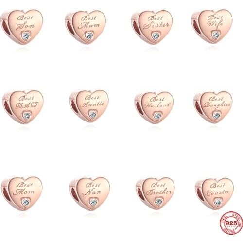 2021 Rose Gold Heart Shape 925 Sterling Silver Mom Son Husband Brother Wife Beads Fit Original Pandora Charm Bracelet DIY Women