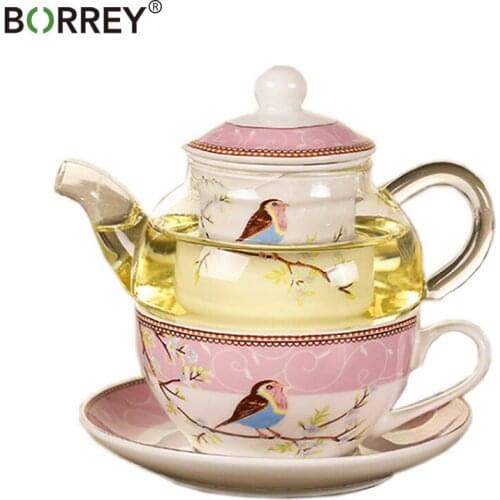 BORREY Flower Tea Pot Ceramic Teacup Saucer Heat Resistant Glass Teapot Filter Office Coffee Mug Turkish pot Afternoon Tea Set