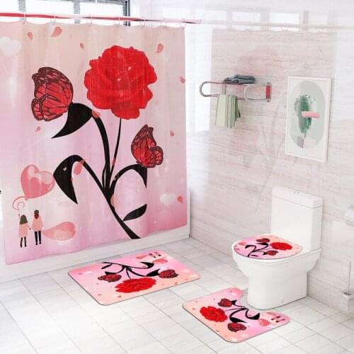 Floral Printed Bath Mat and Home Decor Shower Curtain Set Bathroom Carpet Non-slip Shower Foot Rug Flannel Toilet Seat Cover