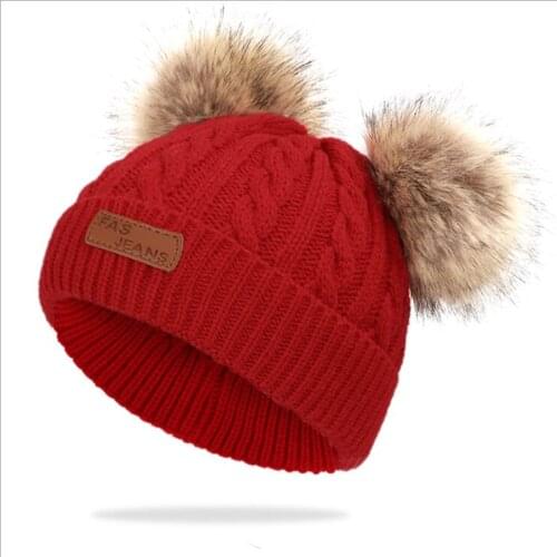Raccoon fur ball baby baby knitted cap with double fur balls in autumn/winter 2020 hot style