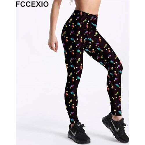 FCCEXIO New Skinny Leggings High Waist Fitness Legging Colorful Stars Print Leggins Female Leg Pants Women Slim Black Leggings