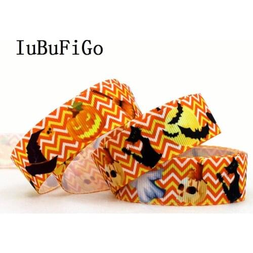 IuBuFiGo 7/8" Halloween Printed Grosgrain ribbon 22 mm Orange Cartoon gift ribbon bows DIY headband tape 50yard