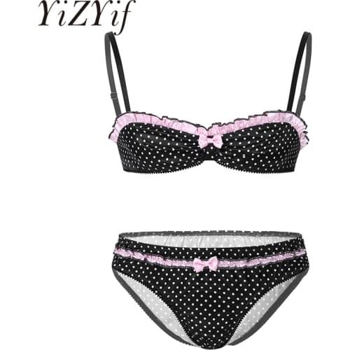 Sexy Satin Polka Dot Bra Set For Men Sissy Exotic Lingerie Set Ruffles Bra Top with Briefs Gay Men Underwear Bra & Panties