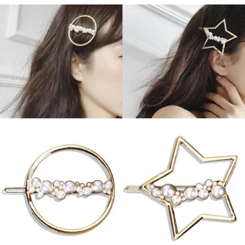 Korean fashion hairpin alloy imitation pearl hollow moon round five-pointed star geometry side clip jewelry For Women