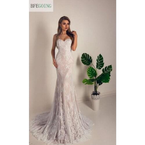 Lace Satin Sweetheart Floor-Length Mermaid/Trumpet Wedding Dresses Chapel Train Custom Made Sleeveless Bridal Gowns