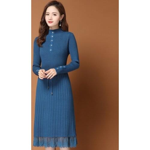 Lace Patchwork Knitted Women Dresses Sweater Pullover Slim Knee-Length Office Lady Thicken Warm Bottoming Elegant Clothing