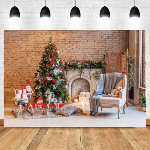 Laeacco Christmas Interior Brick Wall Tree Photo Photography Background Photographic Photography Backdrop For Photo Studio