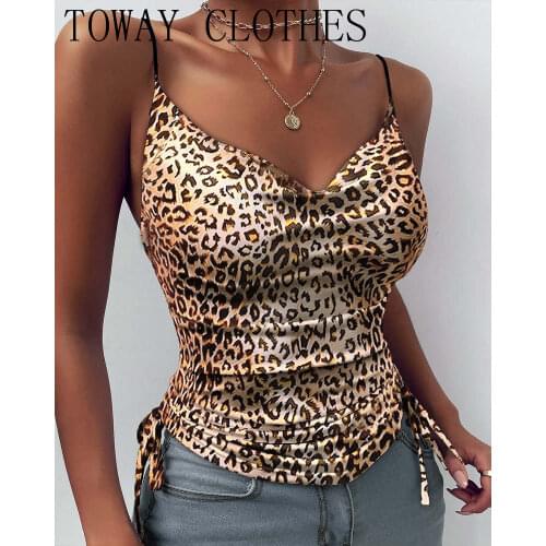 Summer Women Leopard Print Ruched Drawstring Cowl Neck Cami Top