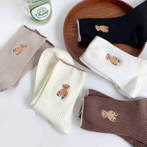 Korea Embroidered Bear Cartoon Cute Short Socks Sporty Breathable Cotton Funny Socks Black White Soft Casual Sock