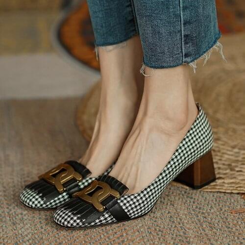 Fashion Women Spring/Autumn/Summer Shoes Woman Genuine Leather Pumps Ladies Chunky Heels Square Toes Footwear Black/Brown 33-40