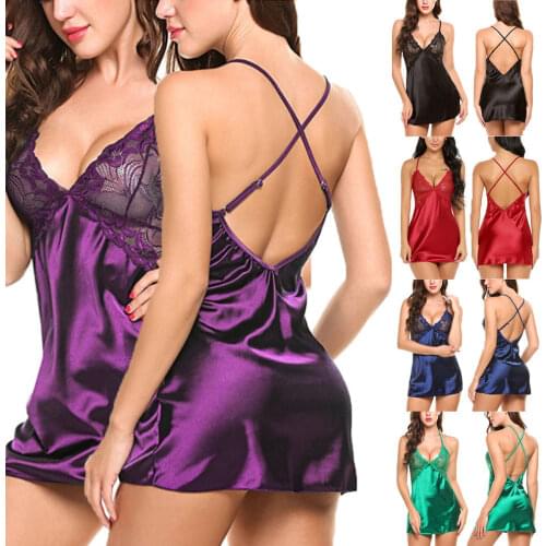 New Sexy Backless Lingerie Womens Lace Satin Silk Sleepwear Pajamas Sex Hot Erotic Nightdress Underwear