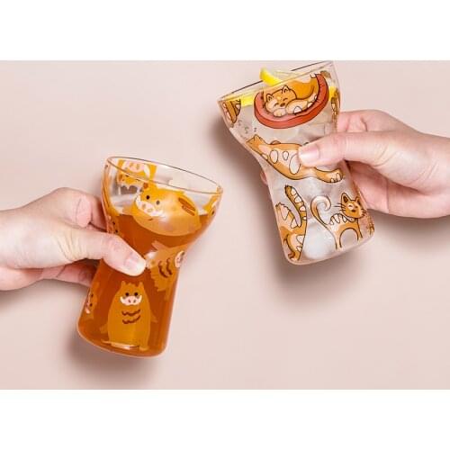 Ins Popular Glass Cups Cute Cartoon Cat Pig Printed Ice Cream Beer Juicy Drinkware 400ML Large Capacity