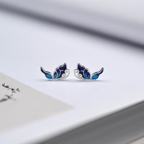 S925 pure silver butterfly model burning Thai blue classical ancient style fashion with Chinese silver studded womens earrings