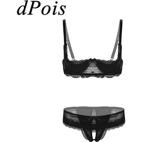 Sexy Women Lingerie Set Adjustable Spaghetti Straps Open 1/4 Cup Unlined Shelf Bra Top With Low Rise Crotchless Briefs Nightwear