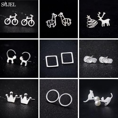 Silver Color Circle Earrings for Women Personalize Cute Pearl Cat Leaf Heart Cactus Ballet Earings Studs Child Christmas Gifts