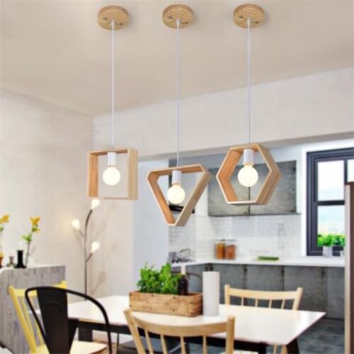 Modern Wooden Pendant Lights Nordic Design Solid Wood Pendant Lamp Restuarant Kitchen Dining Room Geometric Hanging Lights