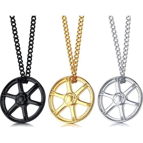 Stylish Racing Car Wheel Necklaces for Men Male Jewelry 3 Tones Stainless Steel Tire Designed Pendant Collar Free Chain 24"
