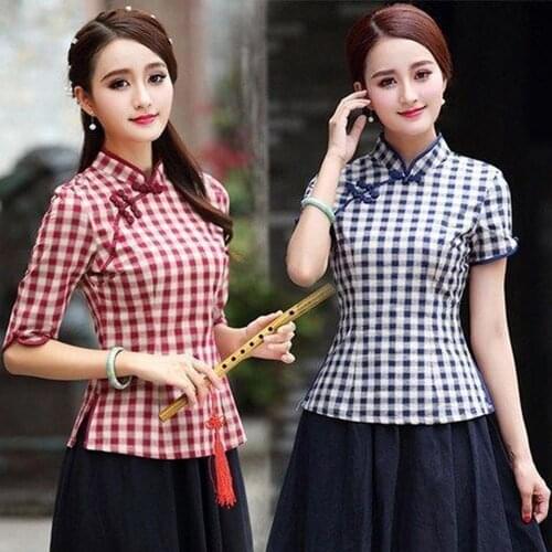 Oriental Plaid Women Plus Size Tangzhuang Lattice Chinesische Kleidung Traditional Chinese Shirts Chinois Cotton Cheongsam Tops