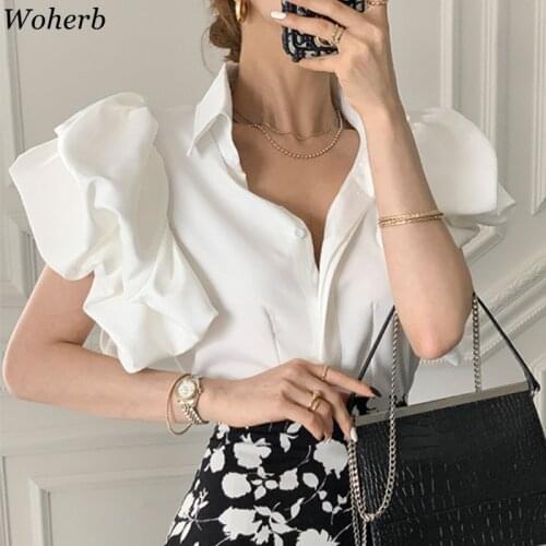 Woherb Chic Short Puff Sleeve Blouse Women Korean Elegant Solid All Match Office Lady Casual Shirt 2021 Summer Fashion Blusas