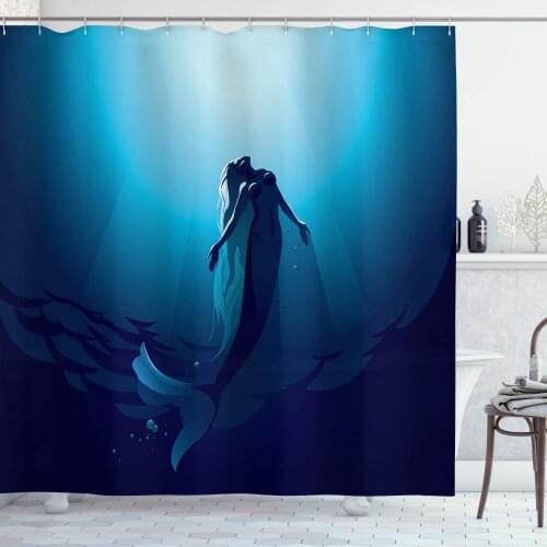 Underwater Shower Curtain, Fantasy Mermaid in The Deep Water Swimming up to The Surface Sun Rays Art Print Bathroom Decor Set