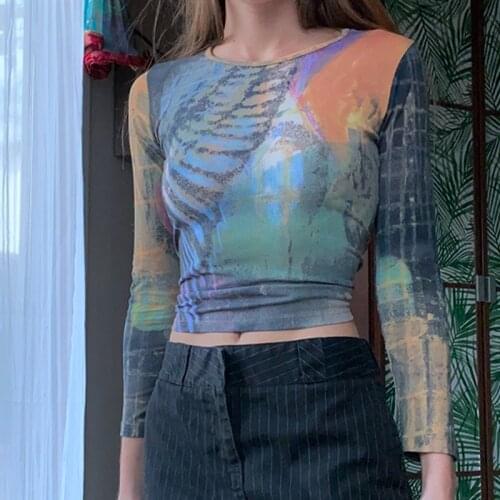 90s Vintage Women Basic Tee Y2K Aesthetic Print T-shirt Autumn Spring Female Long Sleeve Crop Top 90s Fashion Pullovers Harajuku