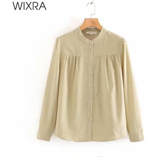 Wixra Womens Solid Corduroy Blouse Long Sleeve Stand Collar Casual Street Style Female Shirts Autumn Spring Tops