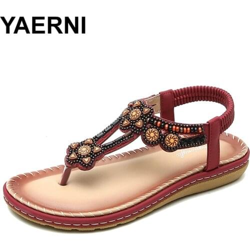 YAERNI Women Sandals 2021 Flat Summer Women Sandals Crystal Bohemia Ethnic Flat Sandals Flip Flops Casual String Bead Beach Shoe