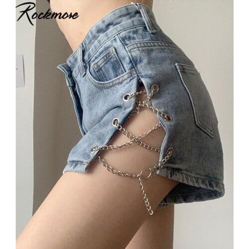 Rockmore Chain Demin Shorts Women High Waist Womens Shorts Summer Hollow Out Plus Size Sexy Jeans Short Pockets Sweatshorts
