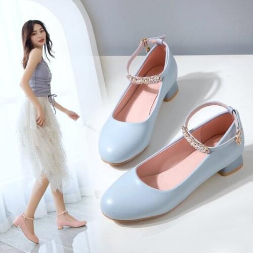 YQBTDL Summer 2020 White Bride Wedding Ladies Shoes Crystal Bead Bow Sweet Princess Lolita Low Heel Shoes Womens Pumps Pink Blue