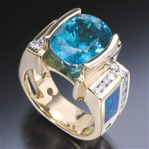 Female Cocktail Party Club Finger Ring Blue Oval Zircon Mosaic Dazzling Shiny Wedding Bride Engagement Love Token Gift for Wife