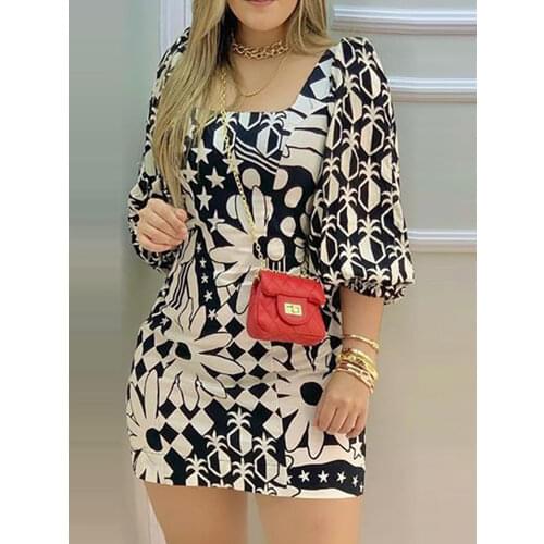 Floral Print Lantern Sleeve Casual Dress Women Square Neck Mini Dress