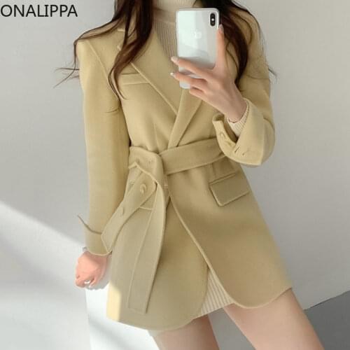 ONALIPPA Retro Temperament Woolen Coat Women 2021 Winter Autumn French Suit Collar Tie Waist Slimming Long-Sleeved Short Jacket