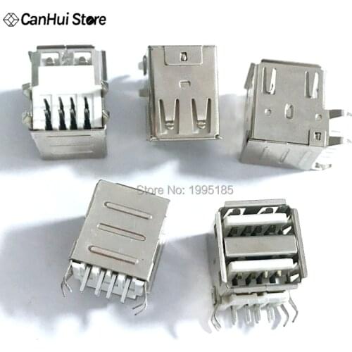 10pcs Double USB Type A Female Solder Jacks Connector PCB Socket USB-A type 90 Degrees 4pins White Glue Bent Foot USB-A Female