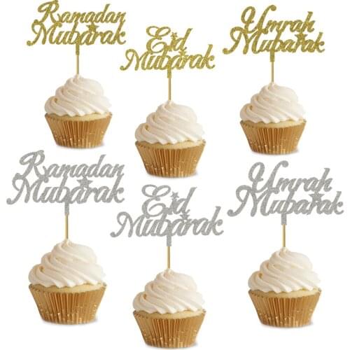 20 Pieces Glitter Gold Silver EID Mubarak Ramadan Mubarak Umrah Mubarak Paper Cup Cake Topper For Muslim Eid al-Fitr Party Decor