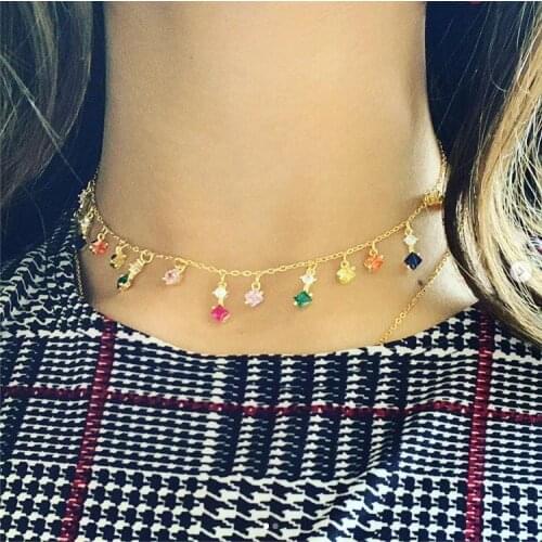 2021 Hot Fashion Colorful CZ Choker Necklace Gold Plated Multi Rainbow Cubic Zirconia Tassel Charm Gorgeous Statement Necklace