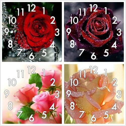 Dpsprue Full Diamond Painting Cross Stitch With Clock Mechanism Mosaic 5D Diy Square Round Flower Red 3d Embroidery Gift HG321
