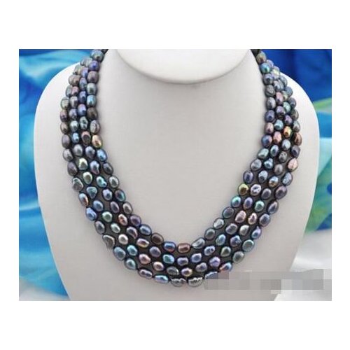 Free Shipping >>4row 17-21 "9mm baroque black freshwater pearl necklace
