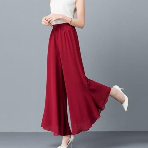 Flare Pants Women Red Wine Black Wide Leg Chiffon High Waist Trousers Korean Fashion Clothes Vintage Baggy Pantalones De Mujer