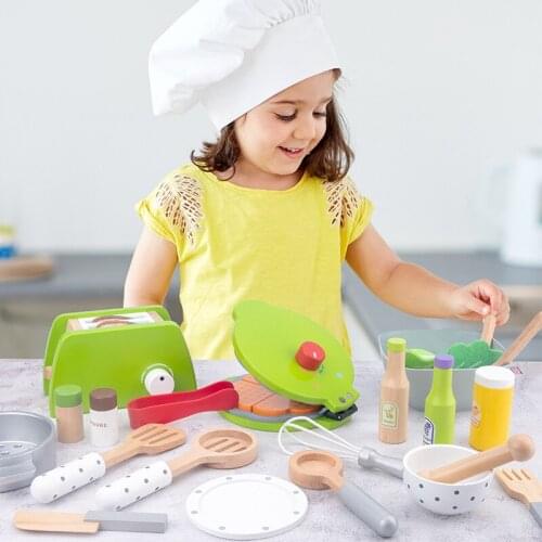 DIY Wooden Kitchen Toy Simulation Game Set Coffee Maker Bread Maker Educational Cooking Toy Gifts for Children and Girls