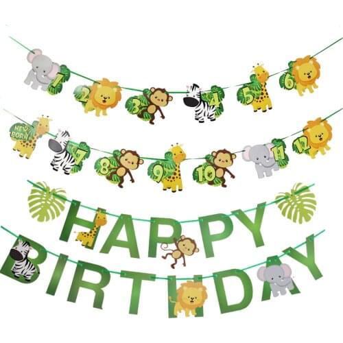WEIGAO Jungle Happy Birthday First Birthday Banners 12 Months Photo Safari Bunting Garland Baby Shower Boy Girl Party Decoration