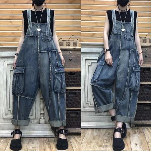 Baggy Denim Overalls Oversized Thin Denim Jumpsuit Pocket Wide Leg cowboy Rompers Big Size hip hop Suspenders Drop Crotch jeans